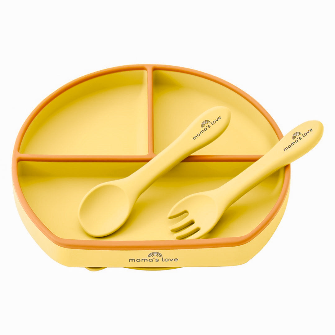 The Two-Tone Silicone Divided Suction Plate with Silicone Spoon & Fork Set - Candy Yellow