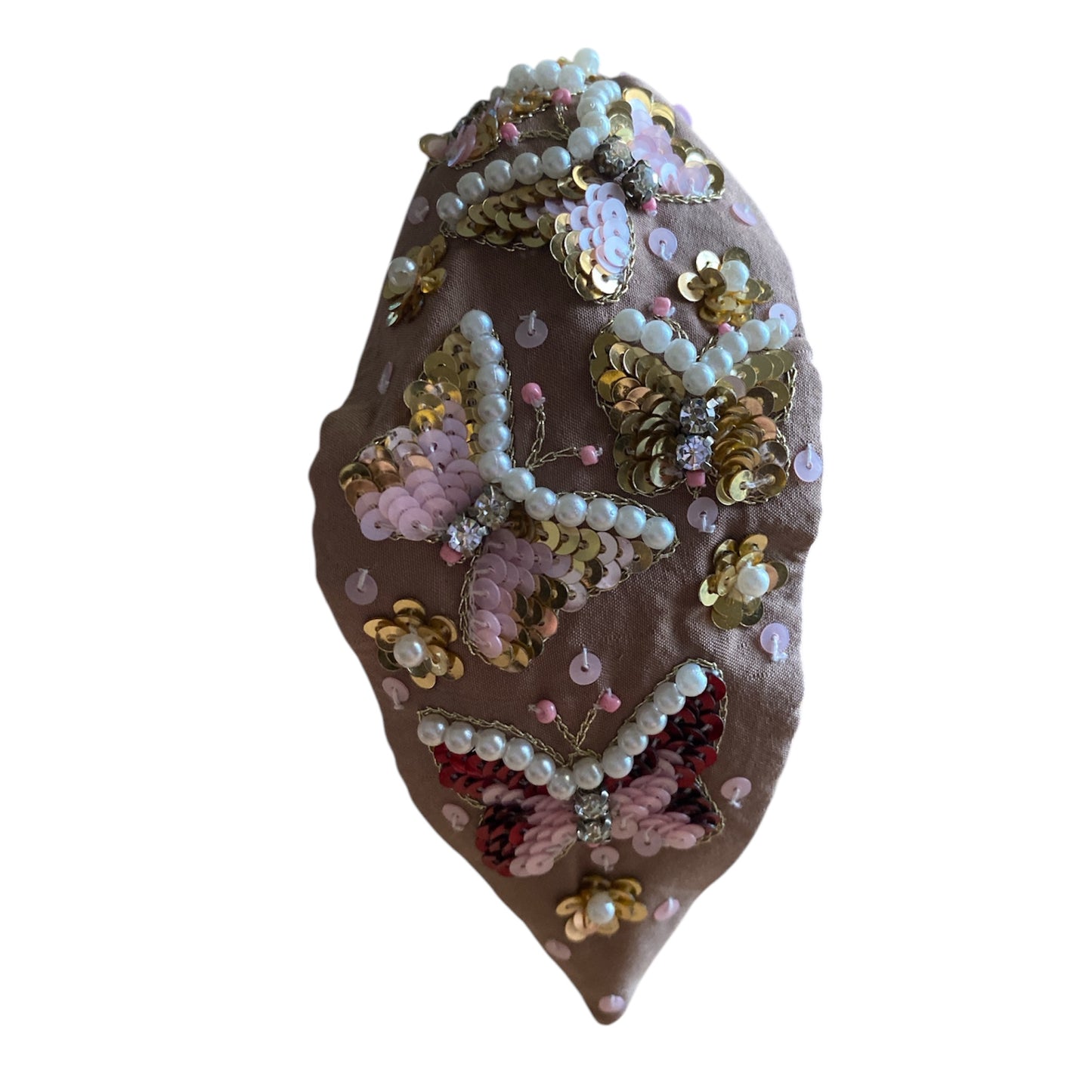 Handbeaded Headband Turban - Butterfly Rose Pink with Golden Sequins & Pearl Beads