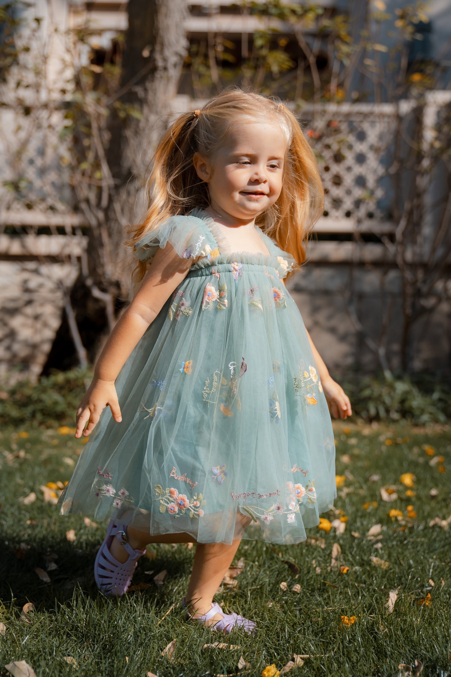 Butterfly Dress with Flower Embroidery - Forest Green
