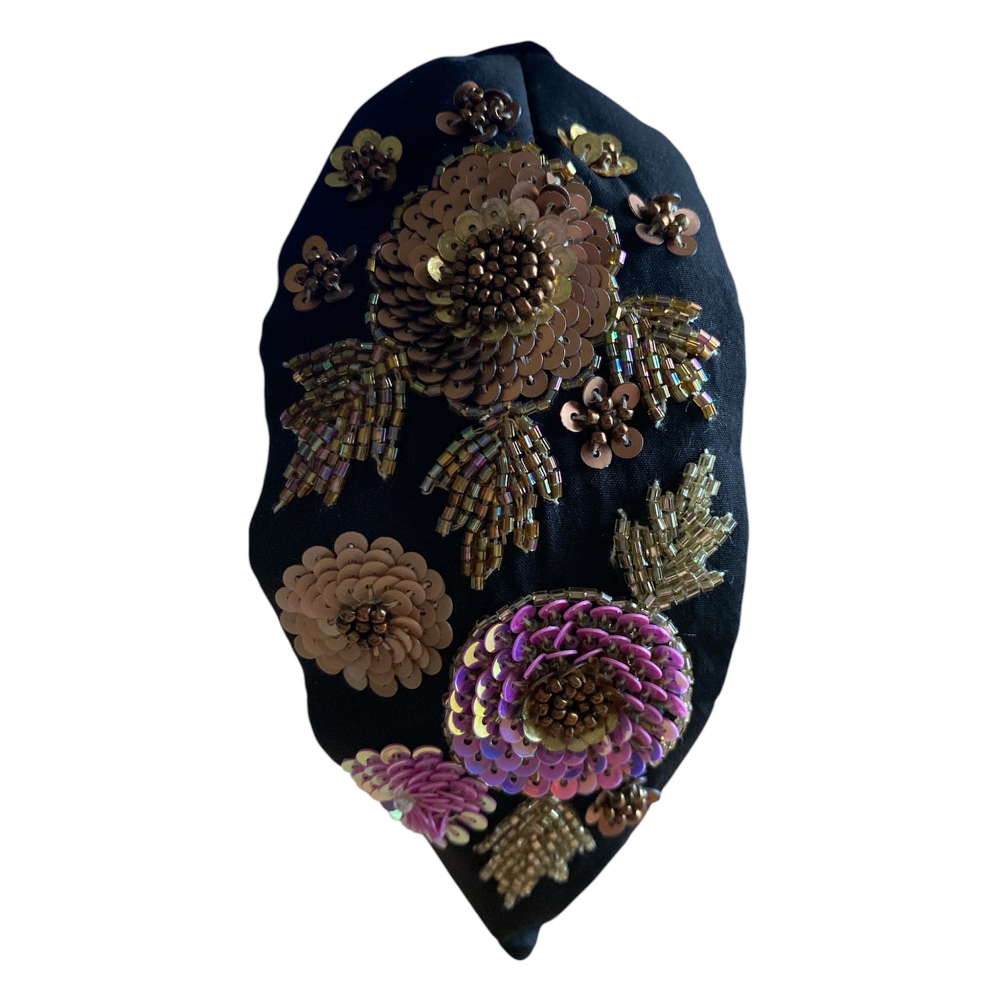 Handbeaded Headband Turban - Flower Black with Gold beads & sequins