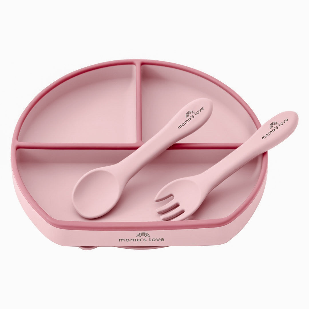 The Two-Tone Silicone Divided Suction Plate with Silicone Spoon & Fork Set - Dusty Pink