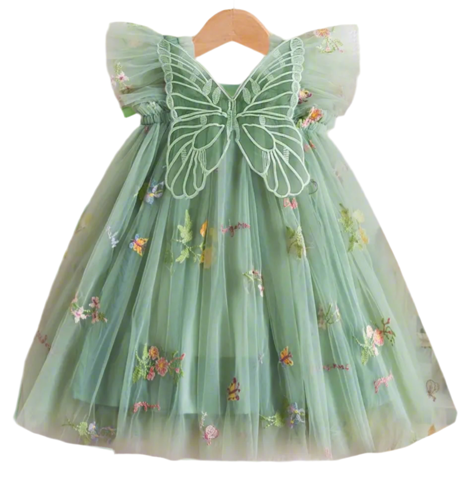 Butterfly Dress with Flower Embroidery - Forest Green