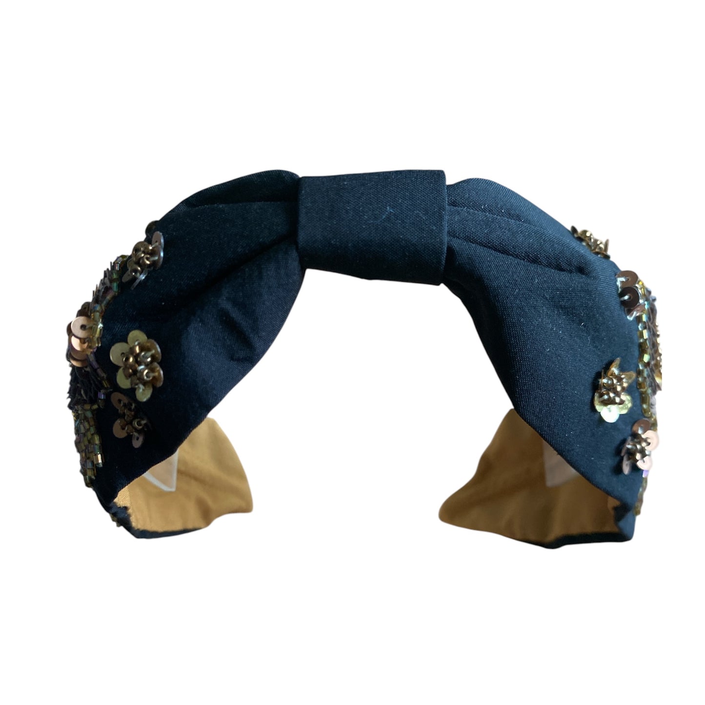 Handbeaded Headband Turban - Flower Black with Gold beads & sequins