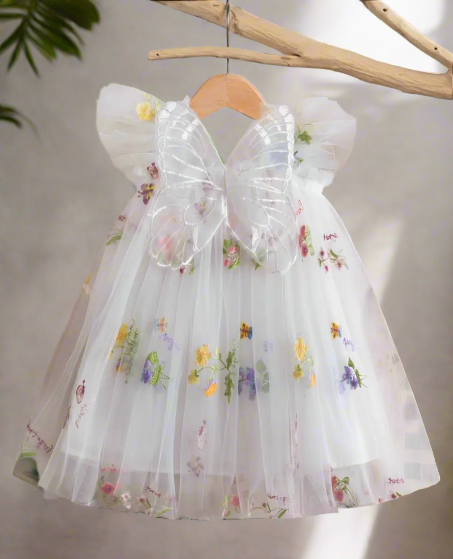 Butterfly Dress with Flower Embroidery - Heavenly White